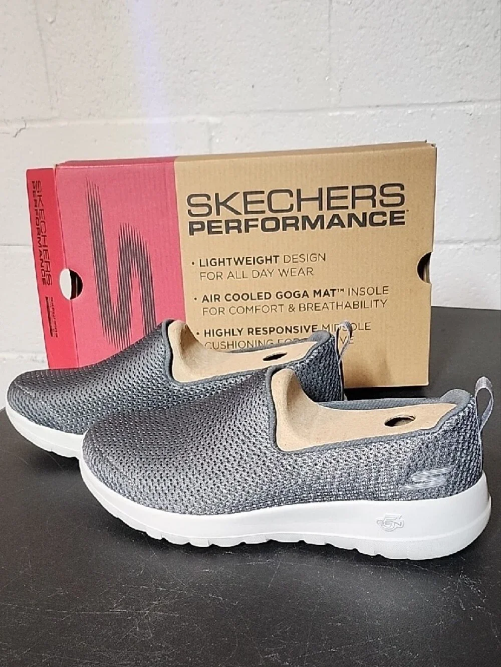 Skechers Men's Slip-On Knit Loafers in Dark Gray and White